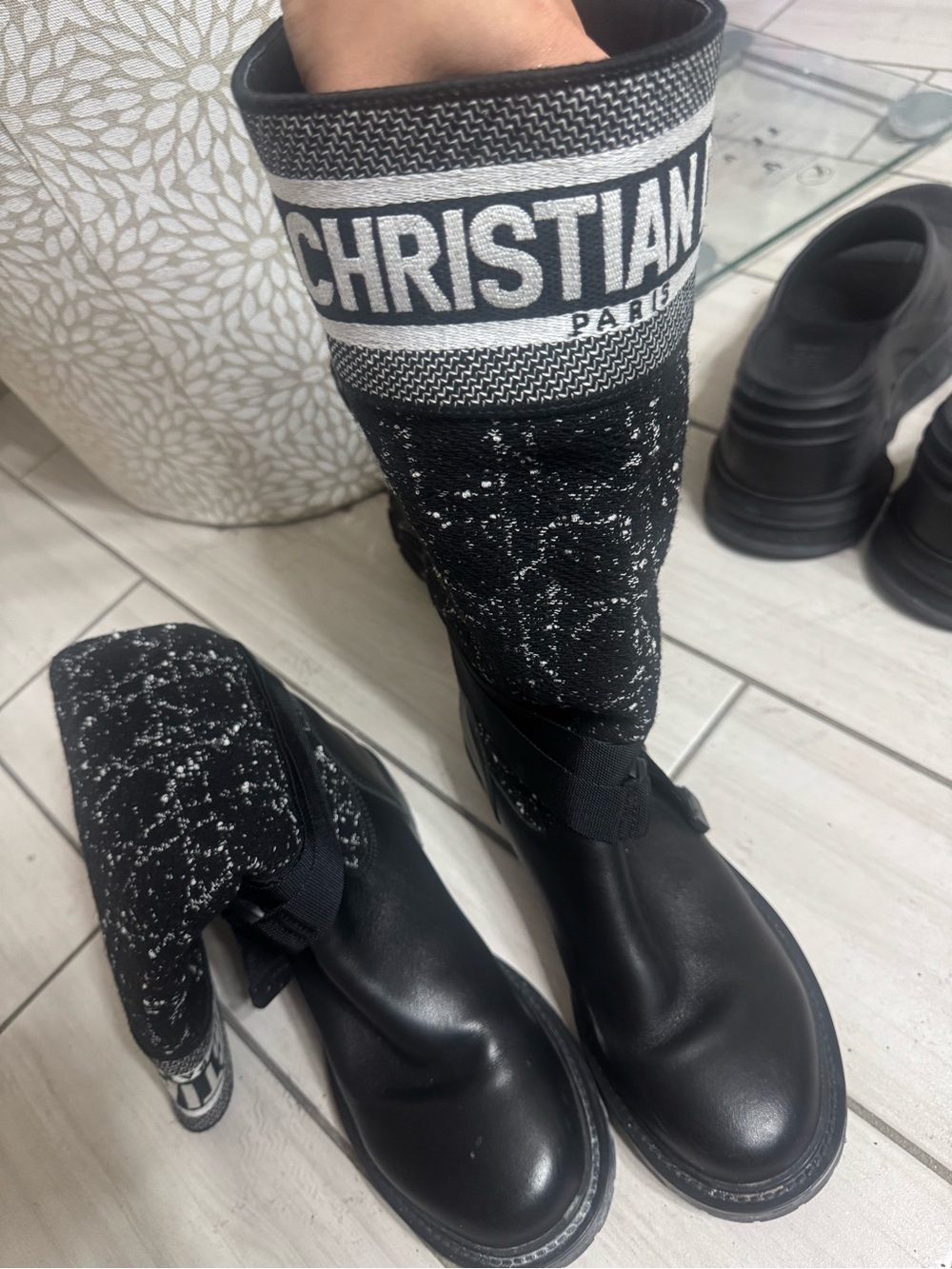 Dior Black Leather & Tweed Knee-High Boots US 9